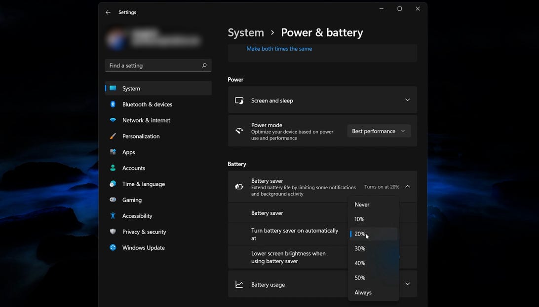 power & battery menu in Windows 11