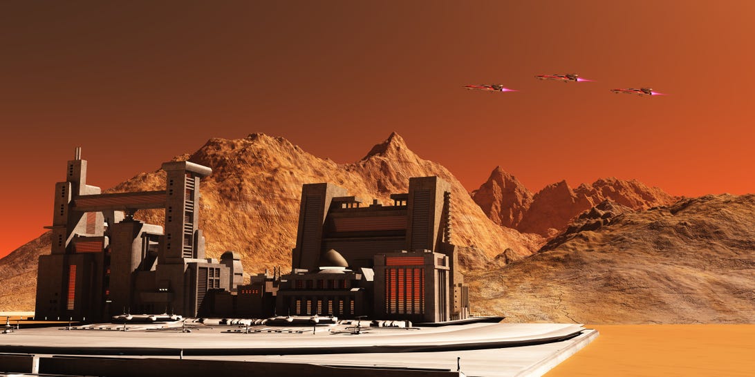 An artist's rendering of buildings on Mars.