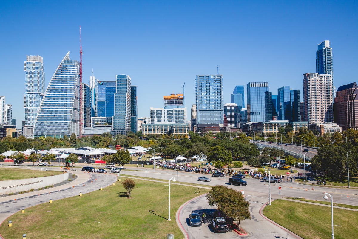 Google's new sail-shaped office tower fills out the skyline of downtown Austin.