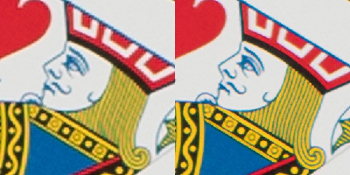 An example of Adobe's AI-based super resolution technology, right, shows better results expanding a photo's size than Photoshop's traditional bicubic algorithm.
