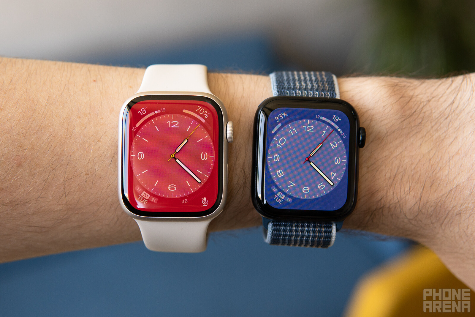 (Image credit - PhoneArena) Apple Watch Series 8 (left) next to Apple Watch SE 2 (right) showing the latter's thicker bezels - Apple Watch SE 2 (2022) review: The affordable Apple Watch; why pay more?